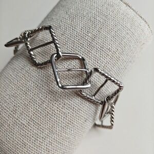 Silver Tone Geometric Square Link Bracelet Twisted Rope Buckle Motif Extender